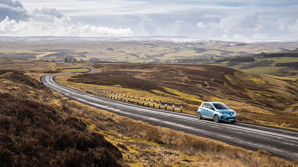 Great electric car drive; Renault driving in countryside